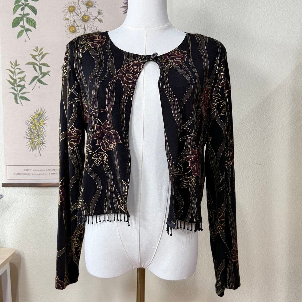 Y2k Rose Slinky Stretch Bead Fringe Jacket Dark Fairy Whimsigoth Romantic Goth S
